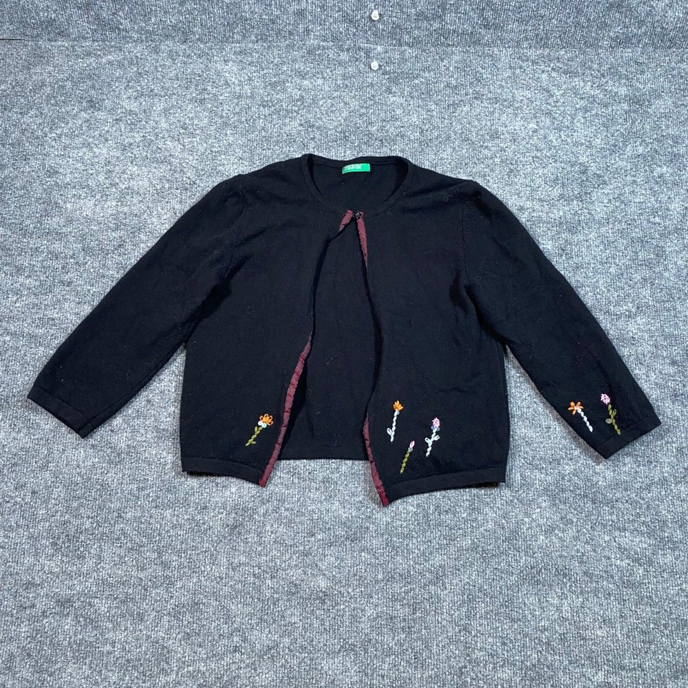 United Colors of Benetton Black Wool Floral Embroidered Cropped Cardigan Italy S